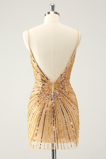 Golden Bodycon Spaghetti Straps Cocktail Dress with Sequins